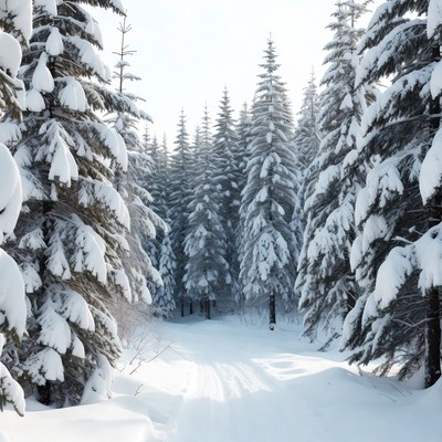 Snowy Path Through Pine Forest