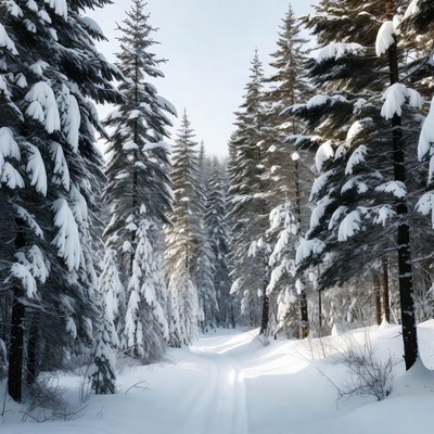 Snowy Path Through Pine Forest