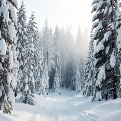 Snowy Path Through Forest Trees