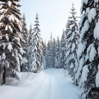 Snowy Path Through Fir Forest