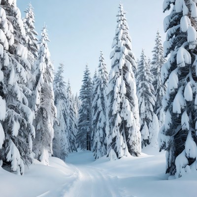 Snowy Path Through Pine Forest