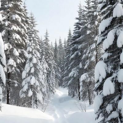 Snowy Path Through Pine Forest