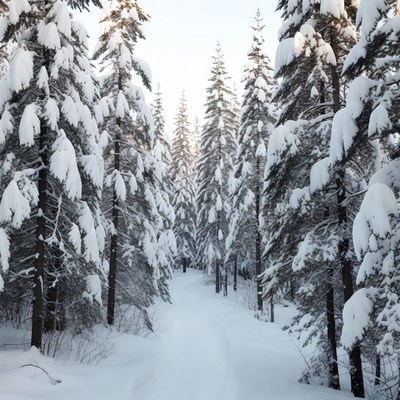 Snowy Path Through Pine Forest