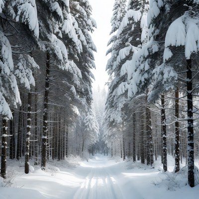 Snowy Path Through Pine Forest