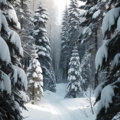 Snowy Path in Pine Forest
