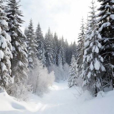 Snowy Path Through Fir Forest