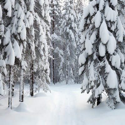 Snowy Path in Pine Forest