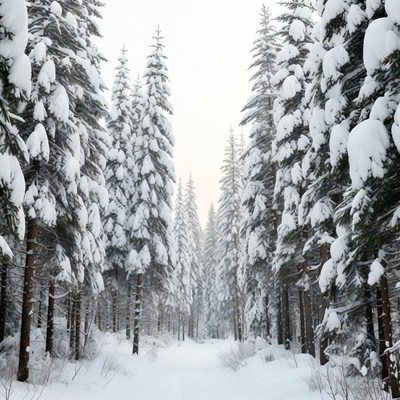 Snowy Path Through Pine Forest