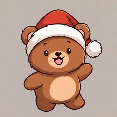 Cute Cartoon Bear Wearing Santa Hat