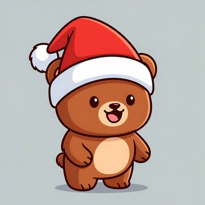Cute Cartoon Bear Wearing Santa Hat
