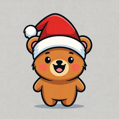 Cute Cartoon Bear Wearing Santa Hat