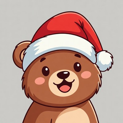 Cute cartoon bear wearing Santa hat