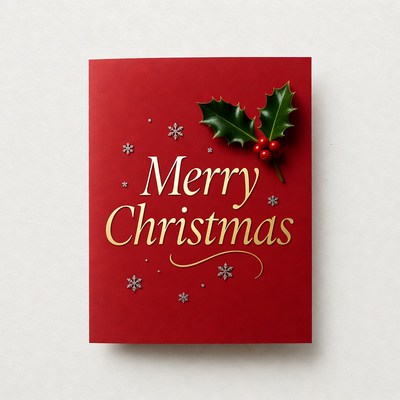 Red Merry Christmas Card with Holly