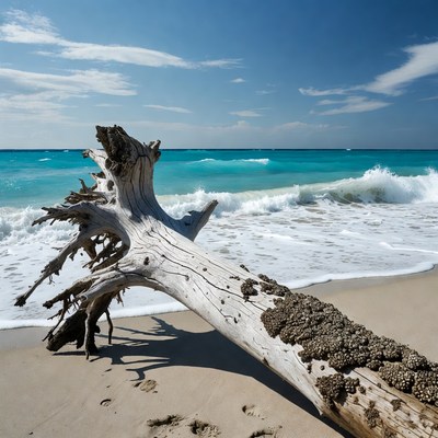 Driftwood on turquoise beach