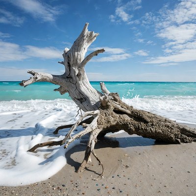 Driftwood on turquoise beach