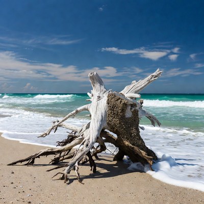 Driftwood on beach with waves
