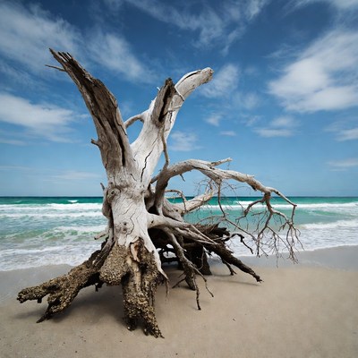 Driftwood tree on beach
