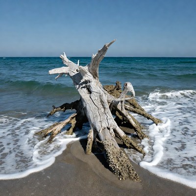 Driftwood on beach by ocean