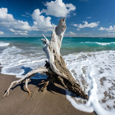 Driftwood on beach with ocean waves