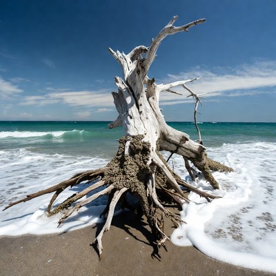 Driftwood on beach with ocean waves