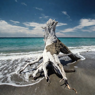 Driftwood on beach with turquoise sea