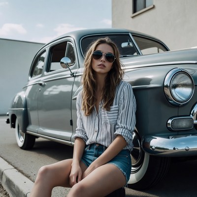 Woman leaning on vintage car