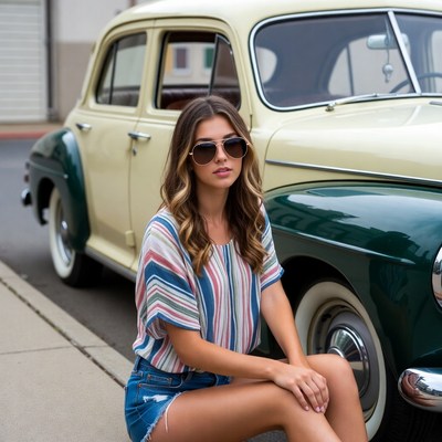 Woman leaning on vintage yellow car