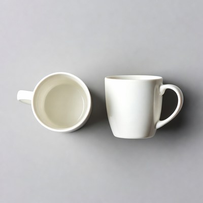 Two white mugs on gray background