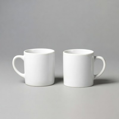 Two white mugs on gray background