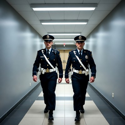 Two police officers walking in corridor