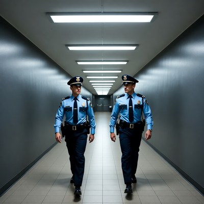 Two policemen walking in corridor