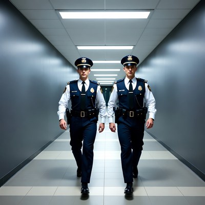 Two police officers walking in corridor