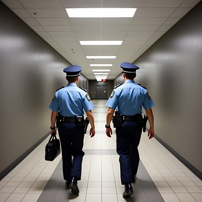 Two police officers walking down corridor