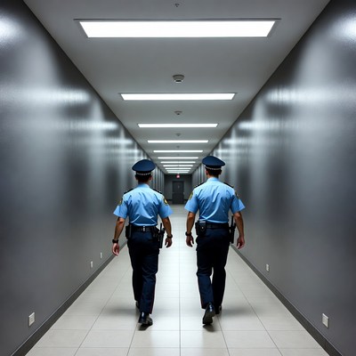 Two police officers walking down hallway