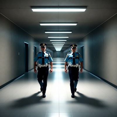 Two police officers walking in corridor