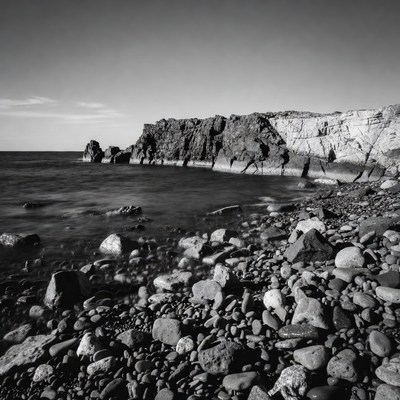 Black and White Rocky Beach Cliff Seashore
