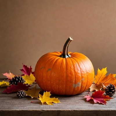 Pumpkin with autumn leaves and pinecones
