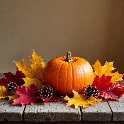 Pumpkin with Autumn Leaves and Pinecones