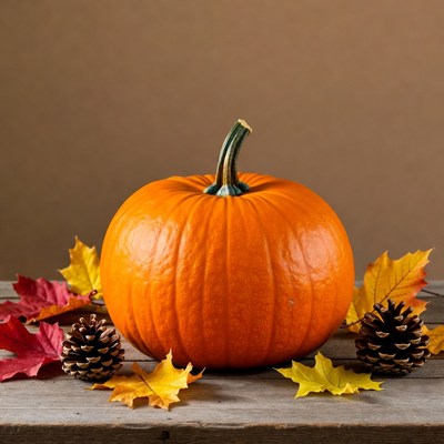 Pumpkin with autumn leaves and pinecones