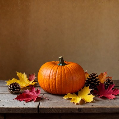 Pumpkin with autumn leaves and pinecones