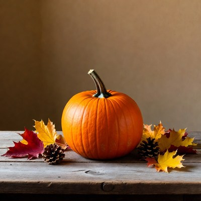 Pumpkin with autumn leaves and pinecones