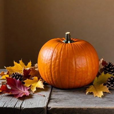 Pumpkin with autumn leaves and pinecones