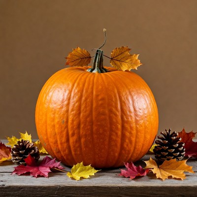 Pumpkin with Autumn Leaves and Pinecones