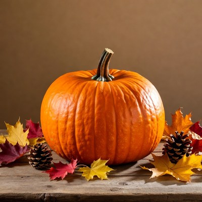 Pumpkin with autumn leaves and pinecones