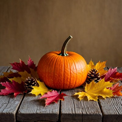 Pumpkin with autumn leaves and pinecones