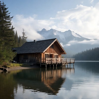 Wooden Cabin by Mountain Lake