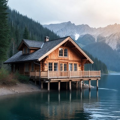 Wooden Cabin on Lake with Mountains