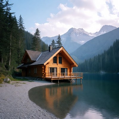 Log cabin by mountain lake