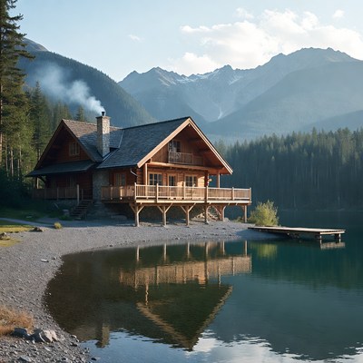 Log cabin by mountain lake