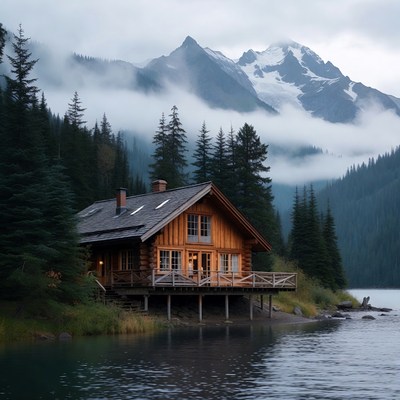 Log cabin by misty mountain lake